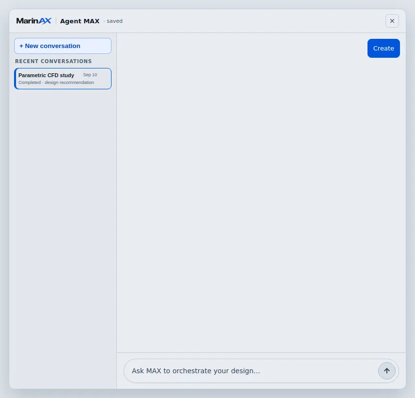 Animated MarinAX Agent MAX conversational workspace for orchestrating a CFD design study