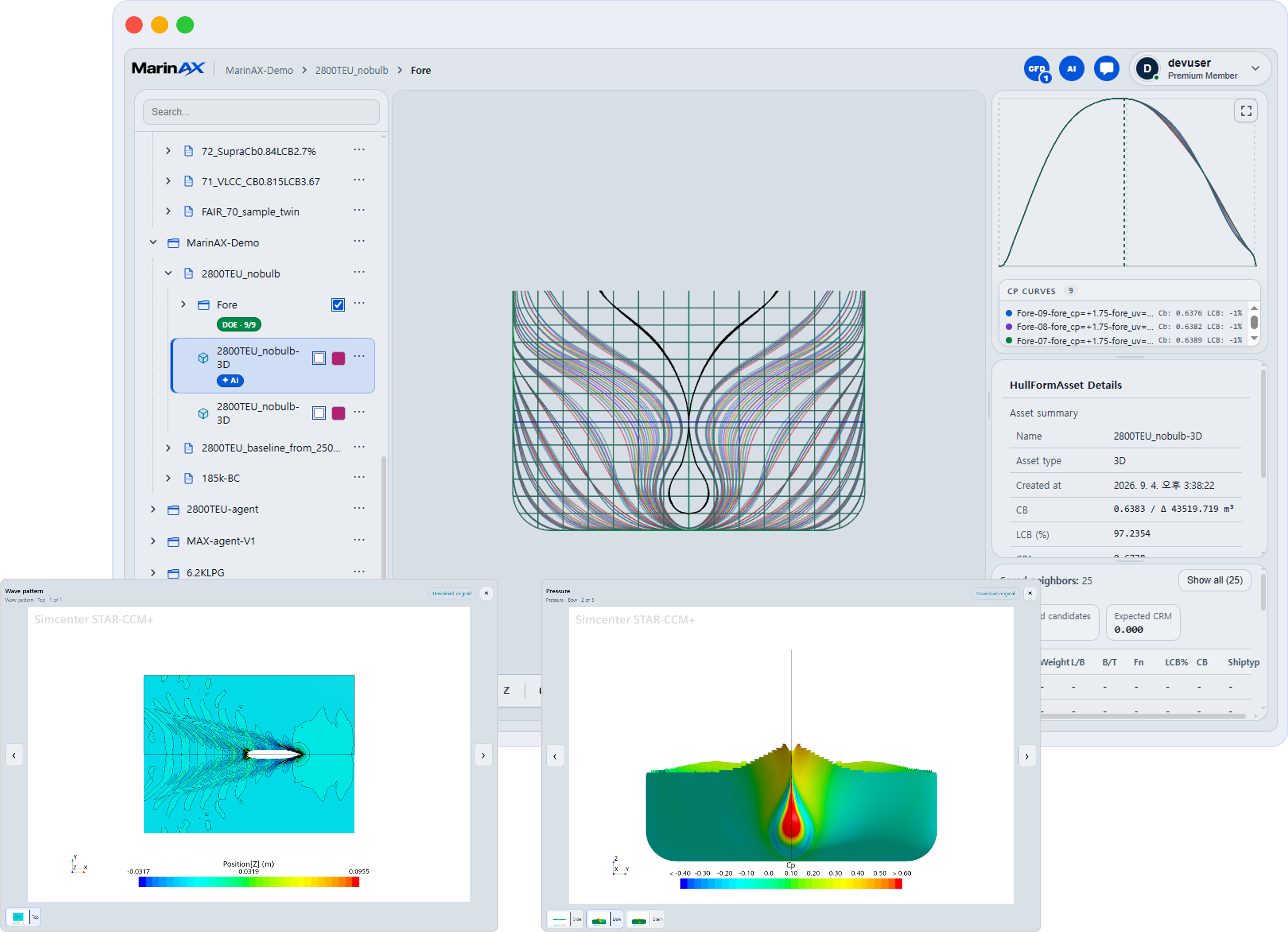 MarinAX integrated engineering workspace comparing hull lines with CFD wave-pattern and pressure results
